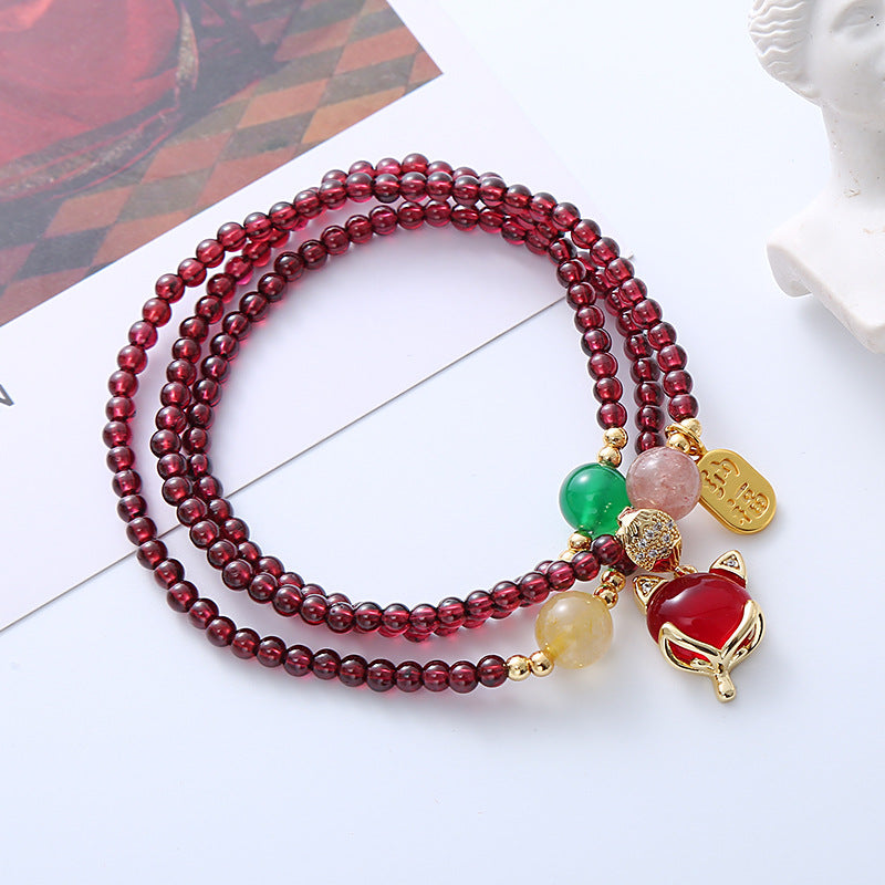 Natural Garnet Strawberry Quartz Crystal Fox Peace Buckle Fortune Protection Triple Wrap Bracelet