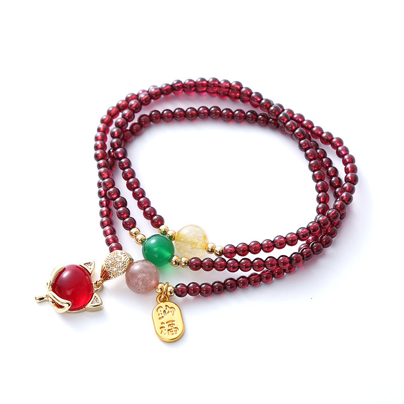 Natural Garnet Strawberry Quartz Crystal Fox Peace Buckle Fortune Protection Triple Wrap Bracelet