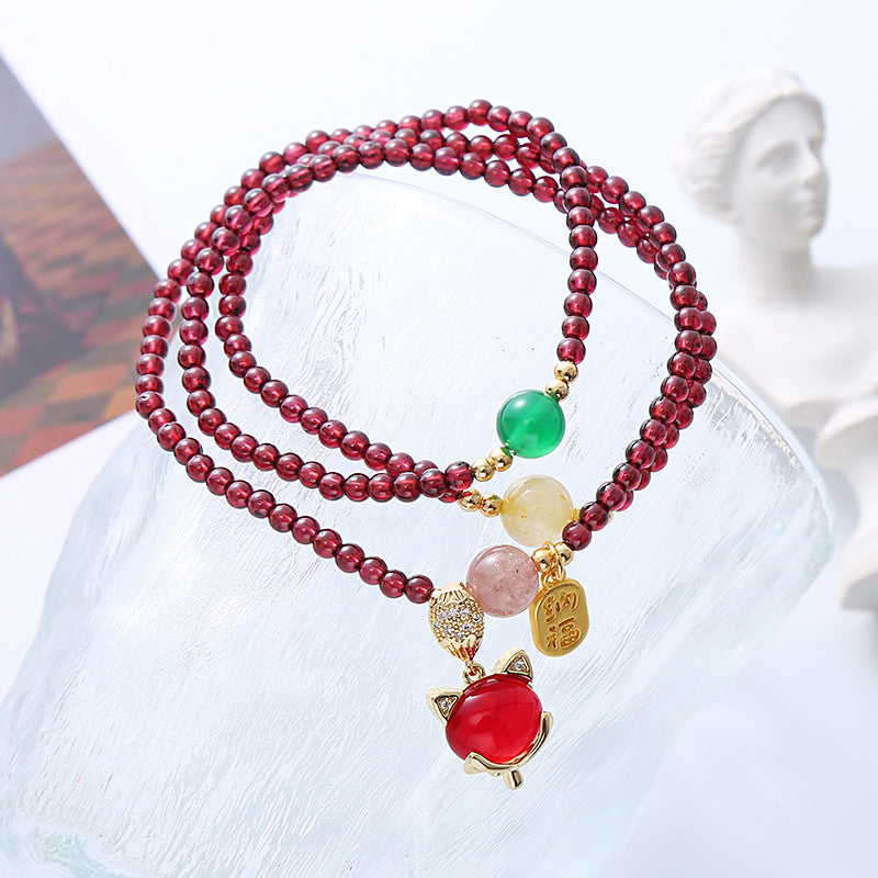 Natural Garnet Strawberry Quartz Crystal Fox Peace Buckle Fortune Protection Triple Wrap Bracelet