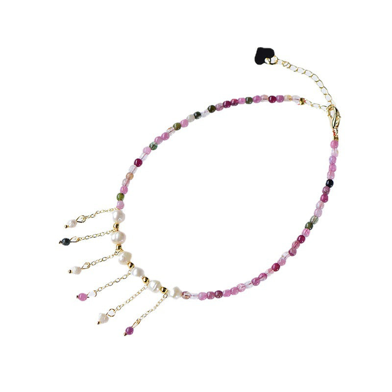 Natural Tourmaline Pearl Wisdom Tassel Anklet