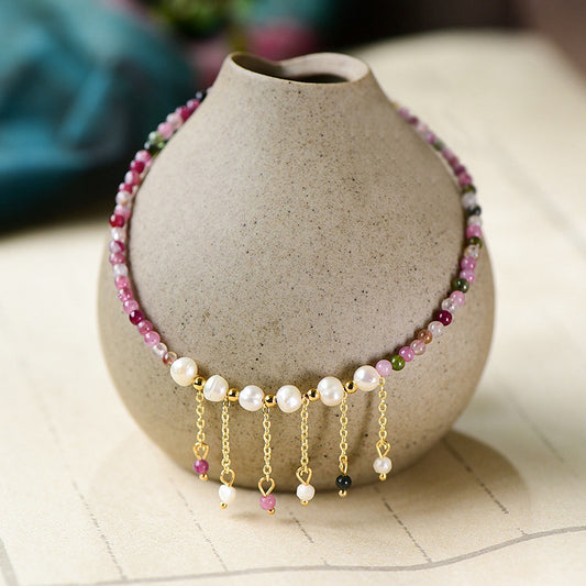 Natural Tourmaline Pearl Wisdom Tassel Anklet