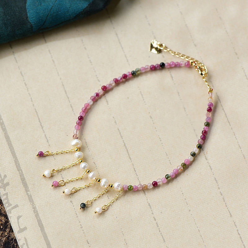 Natural Tourmaline Pearl Wisdom Tassel Anklet