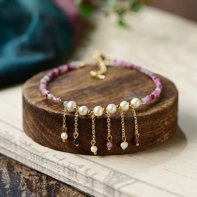 Natural Tourmaline Pearl Wisdom Tassel Anklet