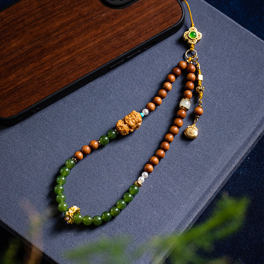 Sandalwood Green Jade Buddha Fortune Money Bag Phone Charm