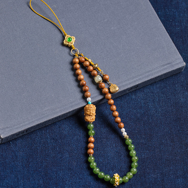 Sandalwood Green Jade Buddha Fortune Money Bag Phone Charm