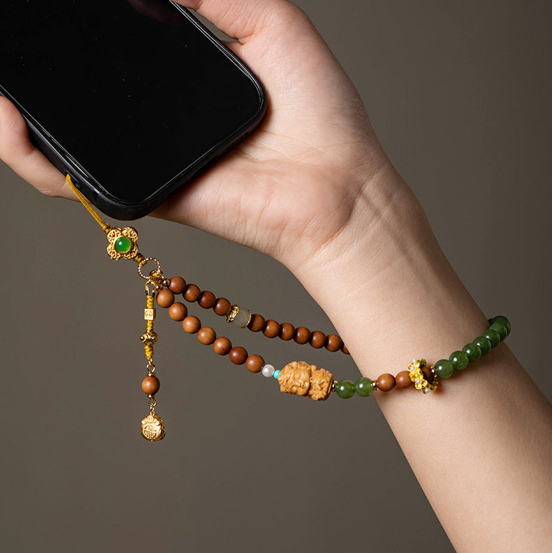 Sandalwood Green Jade Buddha Fortune Money Bag Phone Charm