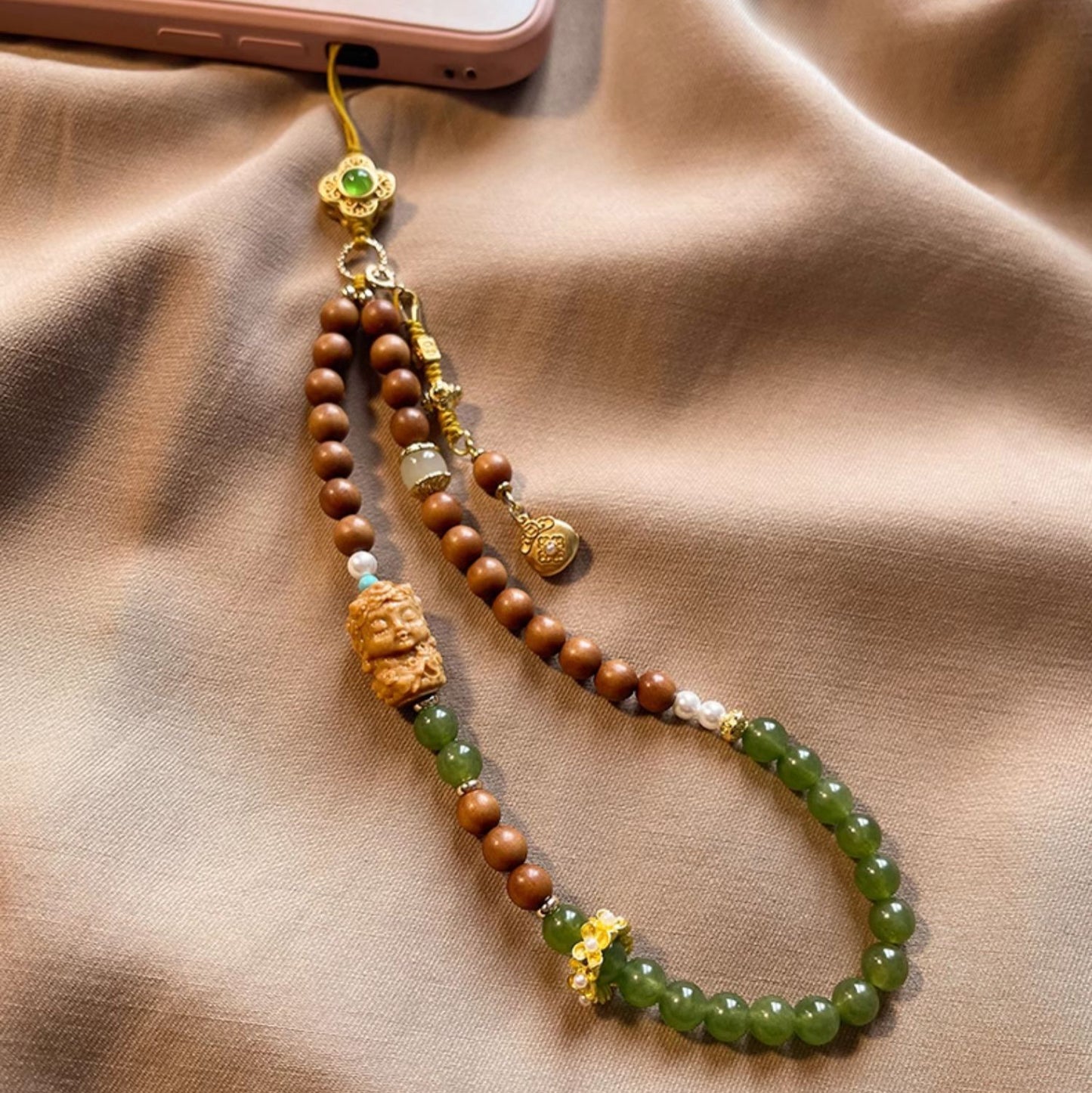 Sandalwood Green Jade Buddha Fortune Money Bag Phone Charm