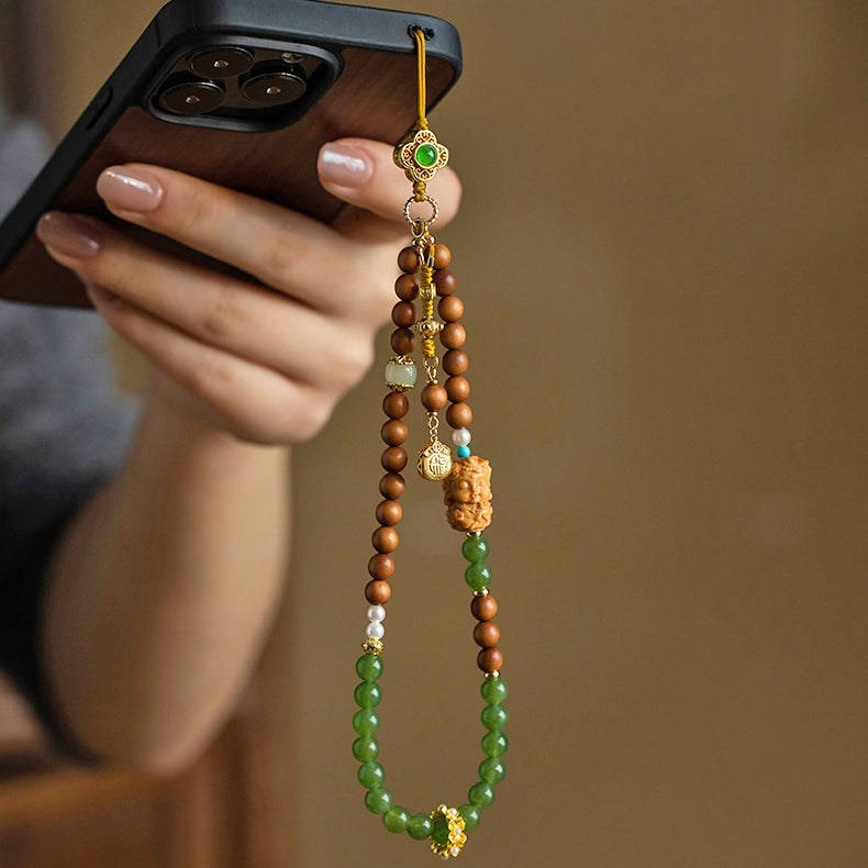 Sandalwood Green Jade Buddha Fortune Money Bag Phone Charm