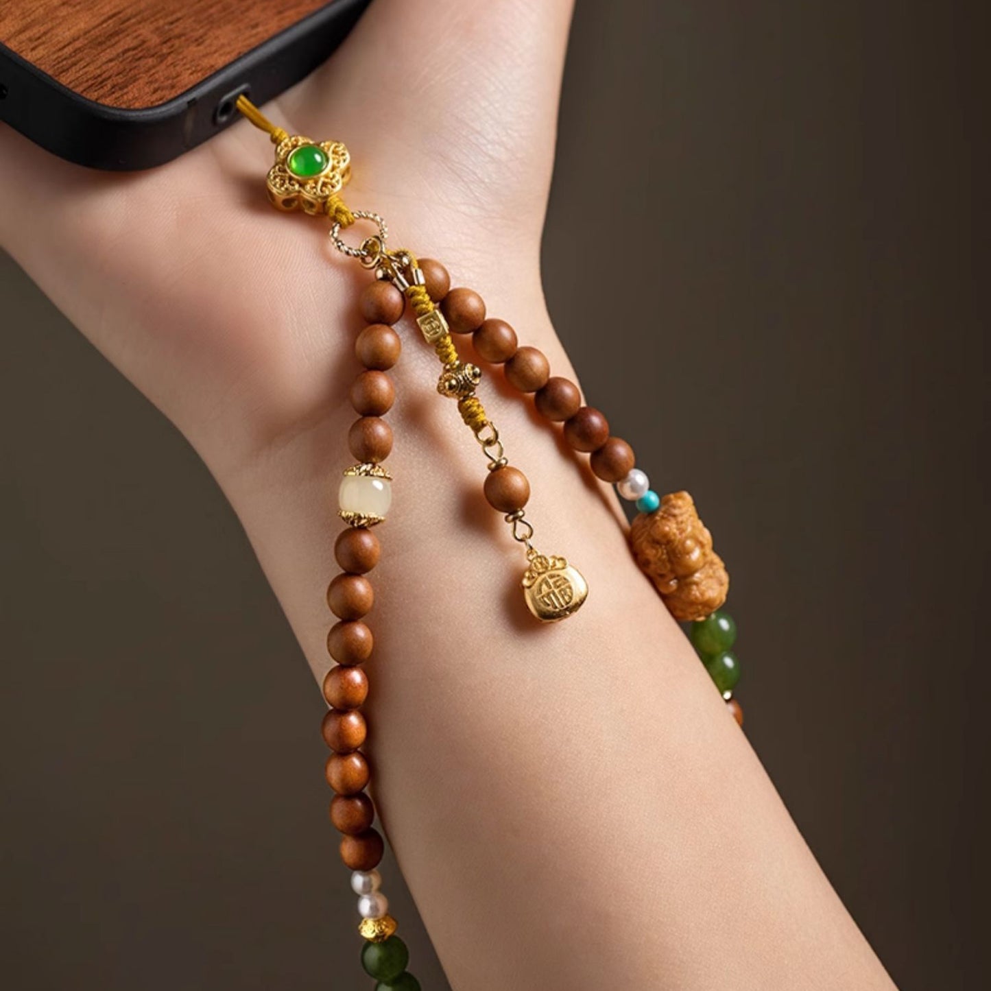 Sandalwood Green Jade Buddha Fortune Money Bag Phone Charm