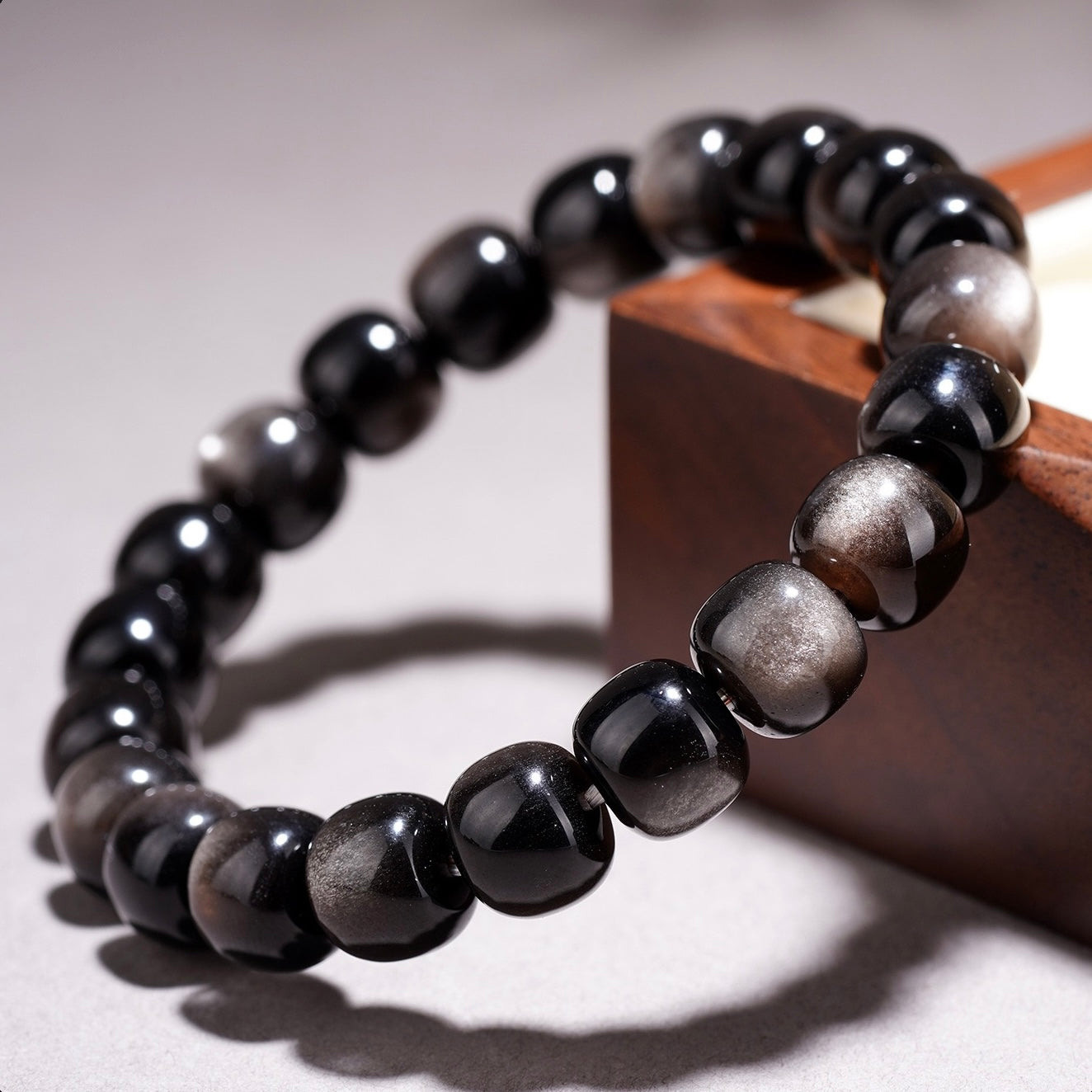 Silver Sheen Obsidian Barrel Bracelet