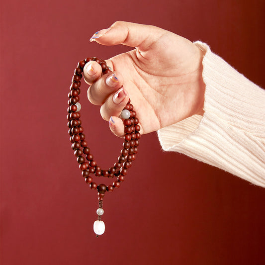 Small Leaf Red Sandalwood Mala with Jade and Rose Quartz Necklace Bracelet