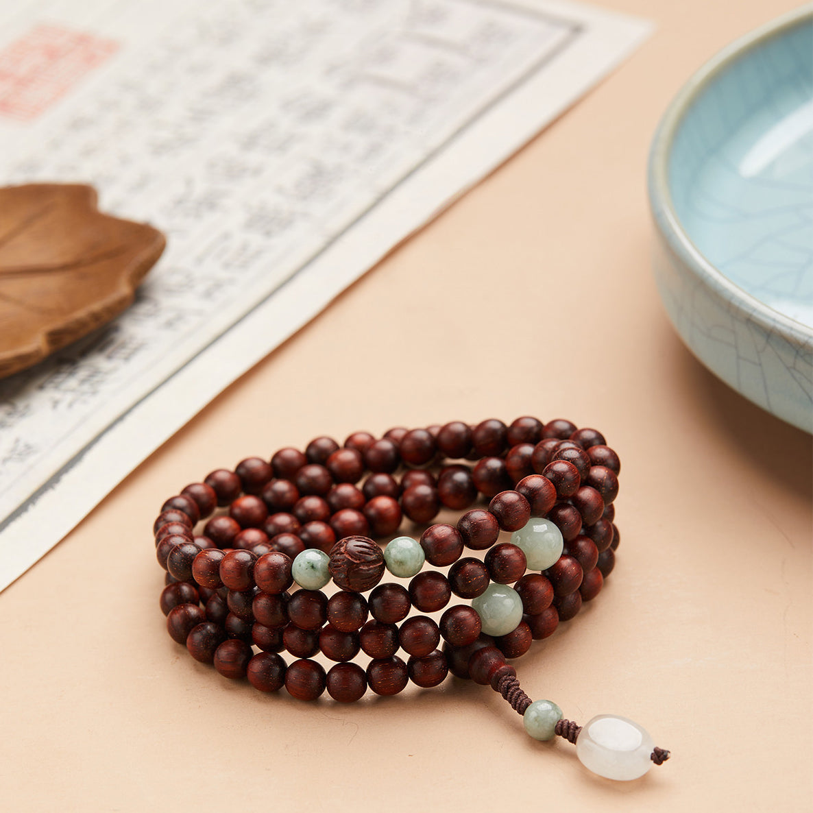Small Leaf Red Sandalwood Mala with Jade and Rose Quartz Necklace Bracelet