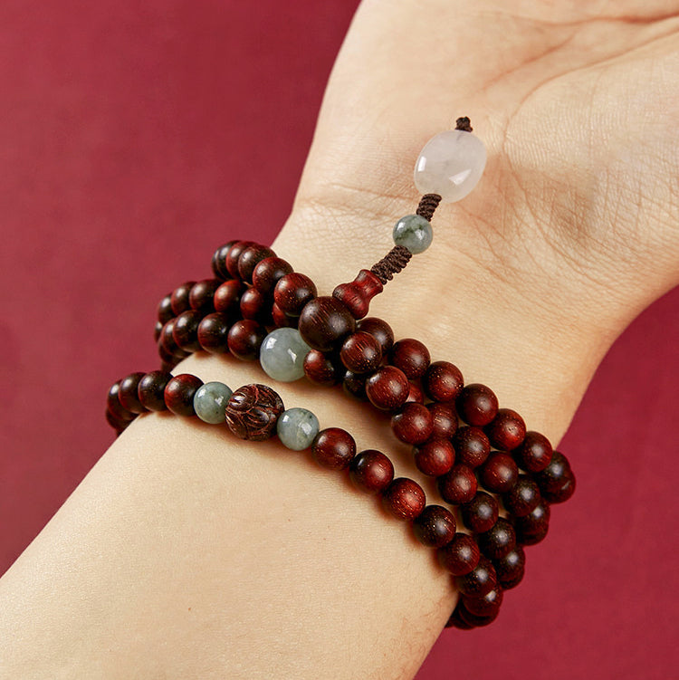 Small Leaf Red Sandalwood Mala with Jade and Rose Quartz Necklace Bracelet