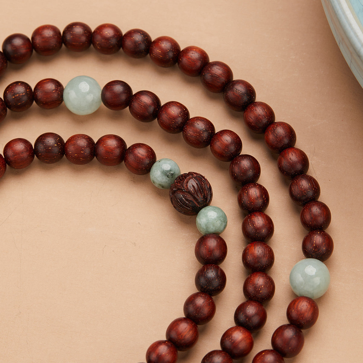 Small Leaf Red Sandalwood Mala with Jade and Rose Quartz Necklace Bracelet