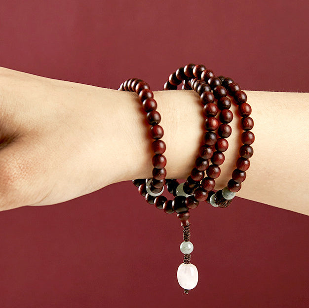 Small Leaf Red Sandalwood Mala with Jade and Rose Quartz Necklace Bracelet