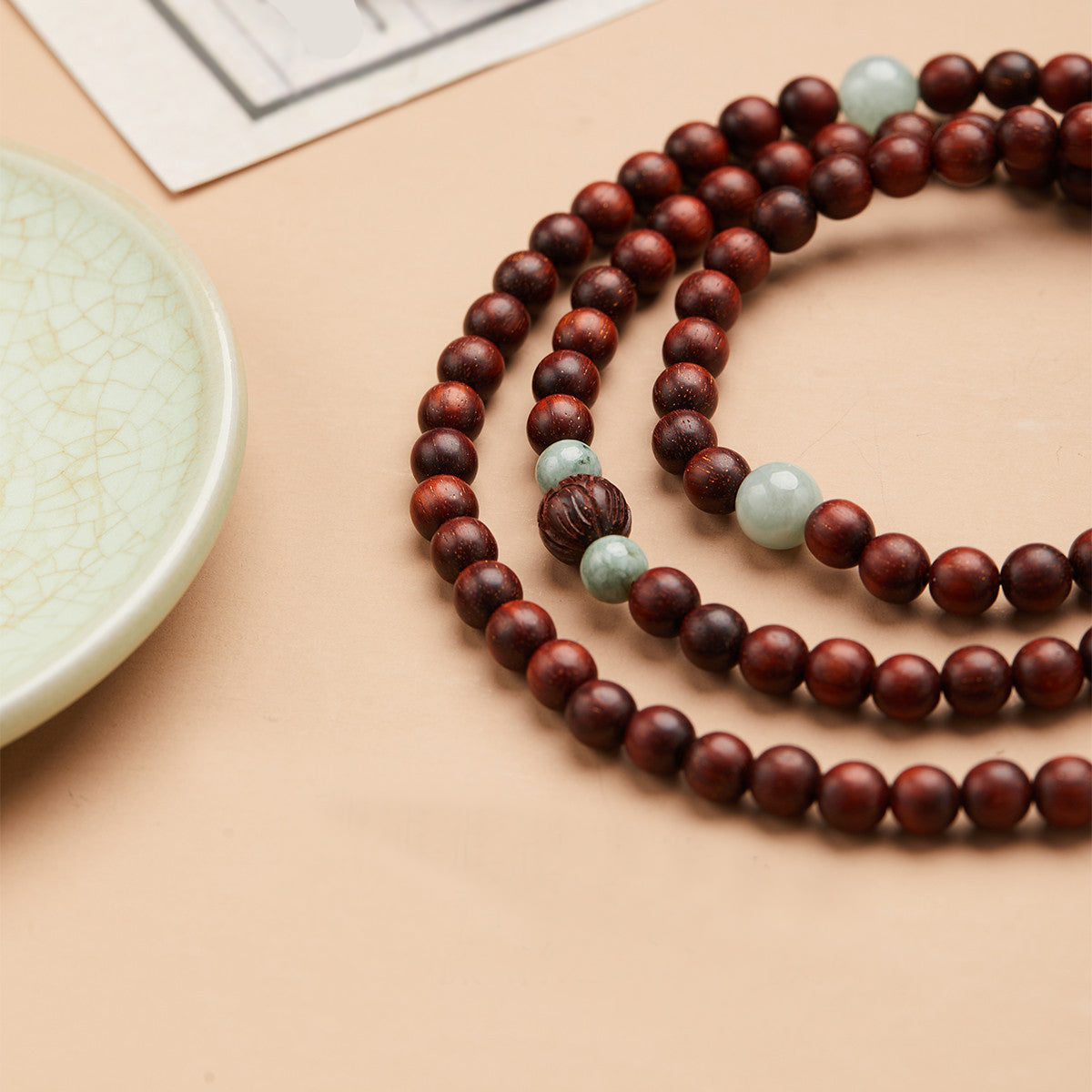 Small Leaf Red Sandalwood Mala with Jade and Rose Quartz Necklace Bracelet