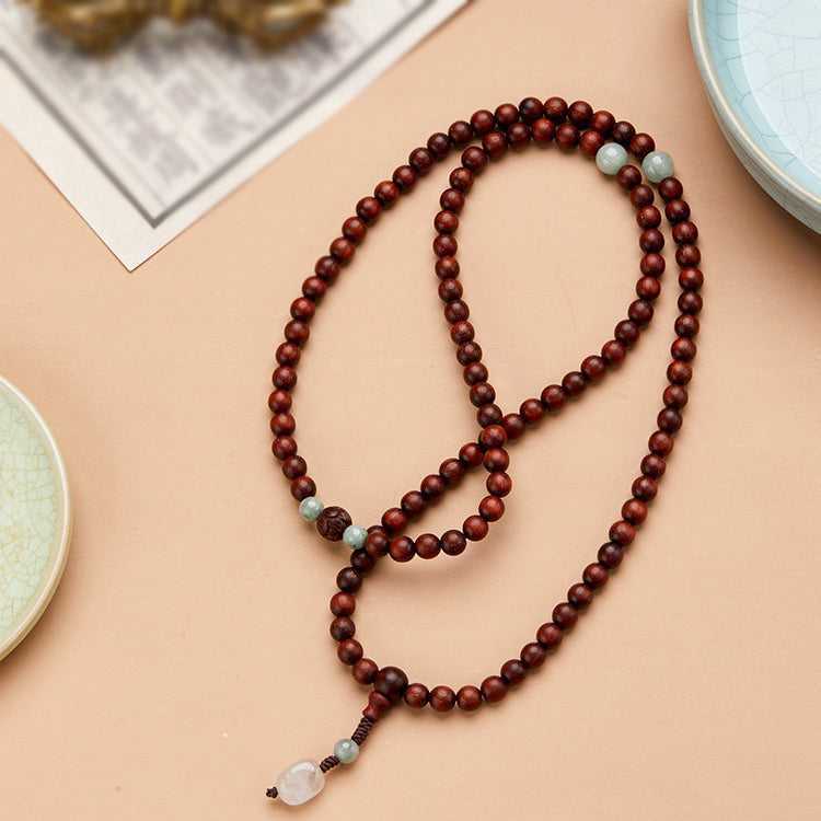 Small Leaf Red Sandalwood Mala with Jade and Rose Quartz Necklace Bracelet