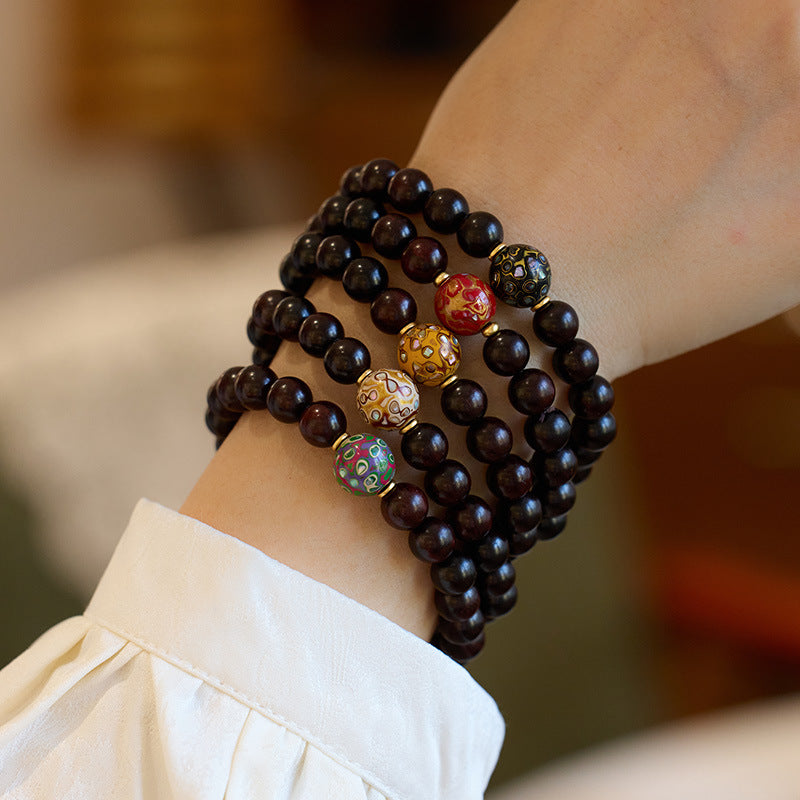 Small Leaf Red Sandalwood with colorful lacquer beads Serenity Bracelet
