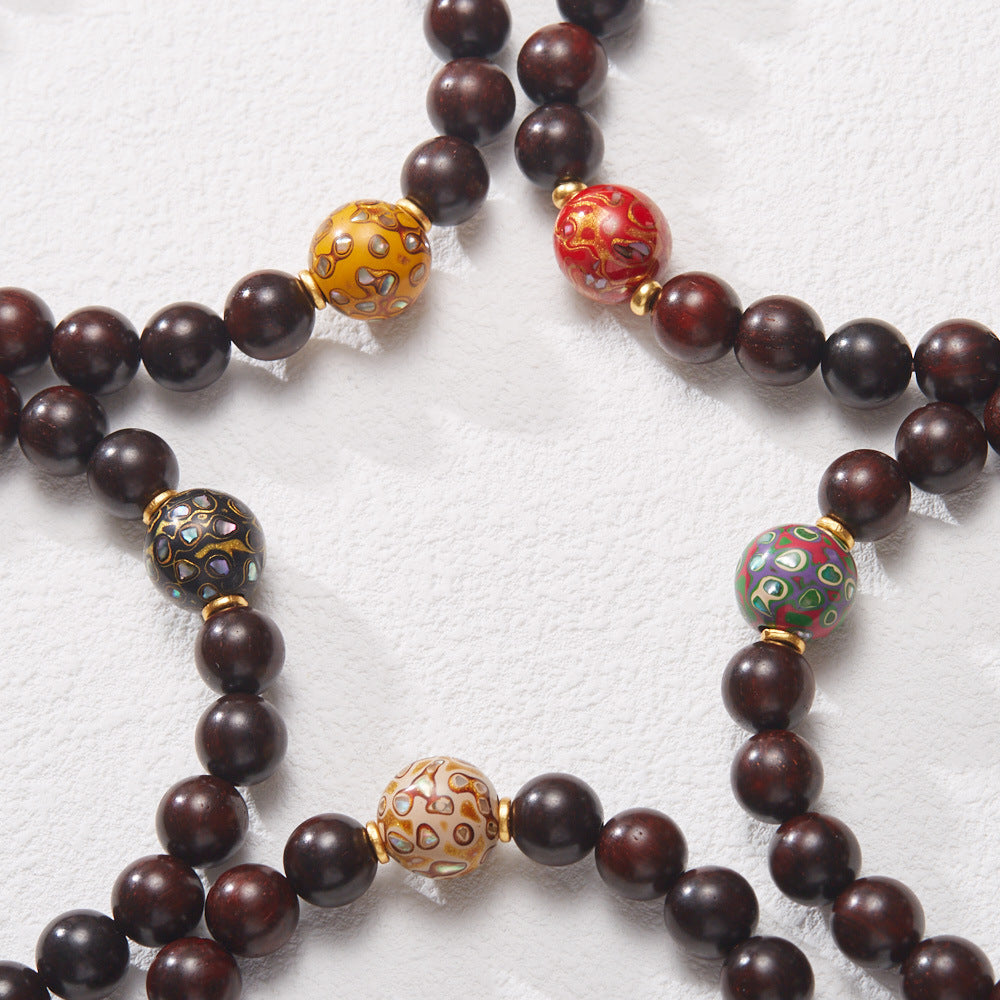 Small Leaf Red Sandalwood with colorful lacquer beads Serenity Bracelet