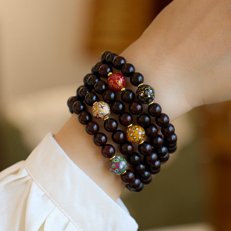 Small Leaf Red Sandalwood with colorful lacquer beads Serenity Bracelet