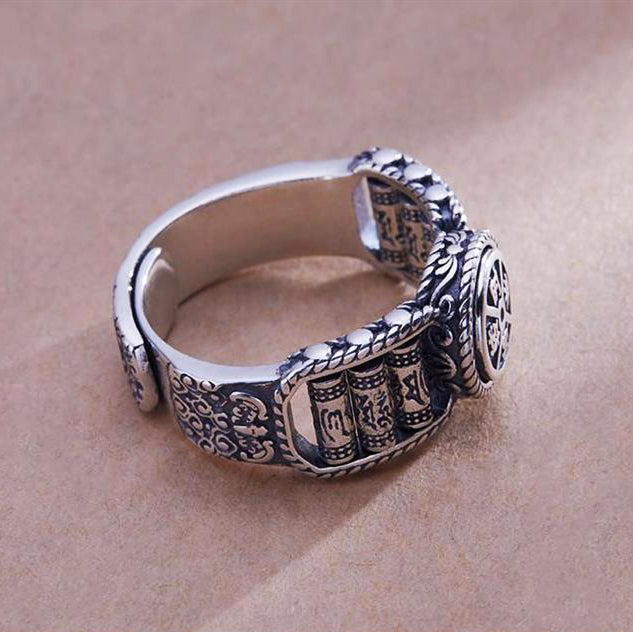Tibetan Om Mani Padme Hum Carved Design Copper Coin Purity Rotatable Ring - Fortune & Karma