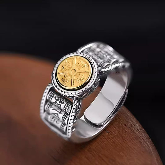 Tibetan Om Mani Padme Hum Carved Design Copper Coin Purity Rotatable Ring - Fortune & Karma