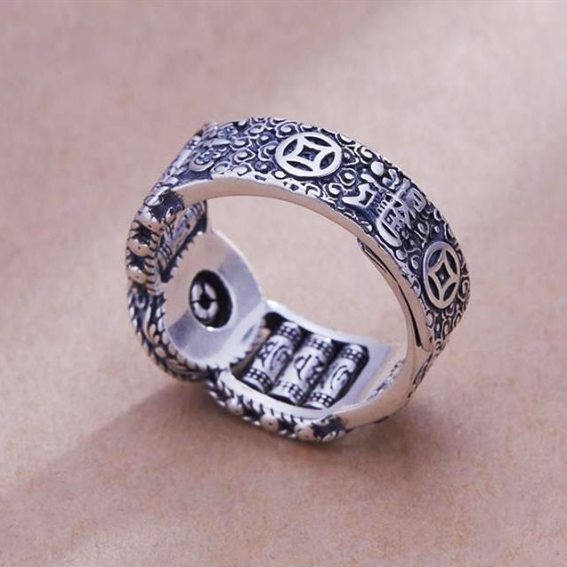Tibetan Om Mani Padme Hum Carved Design Copper Coin Purity Rotatable Ring - Fortune & Karma