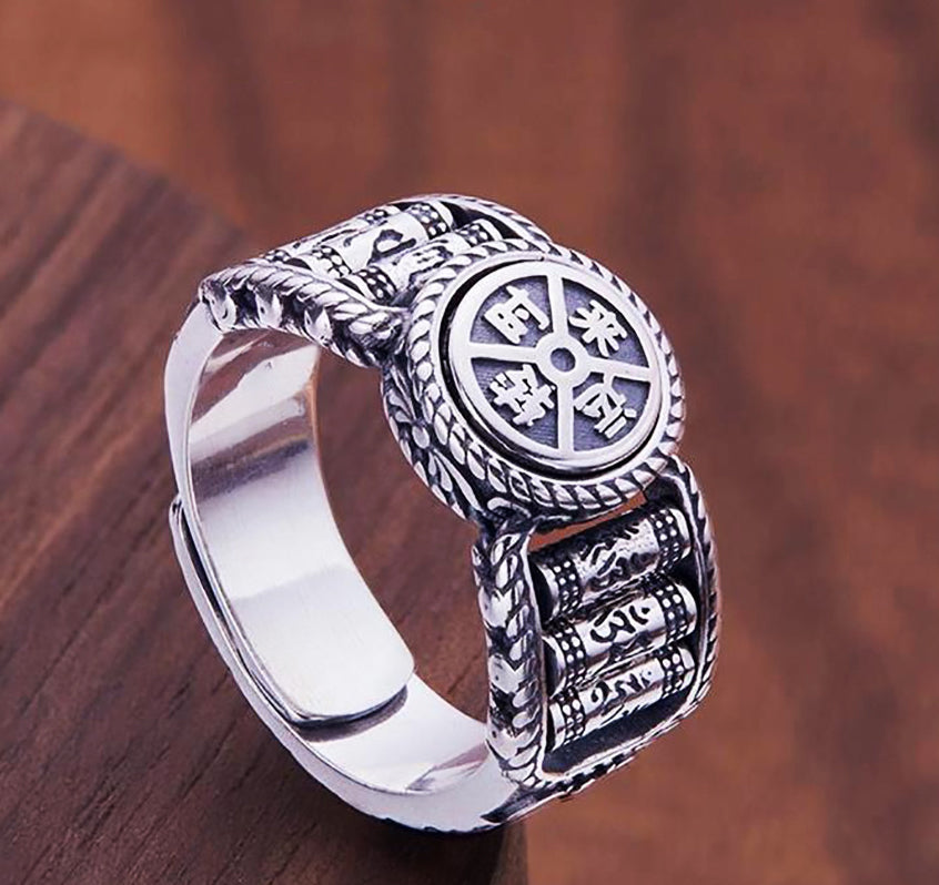 Tibetan Om Mani Padme Hum Carved Design Copper Coin Purity Rotatable Ring - Fortune & Karma