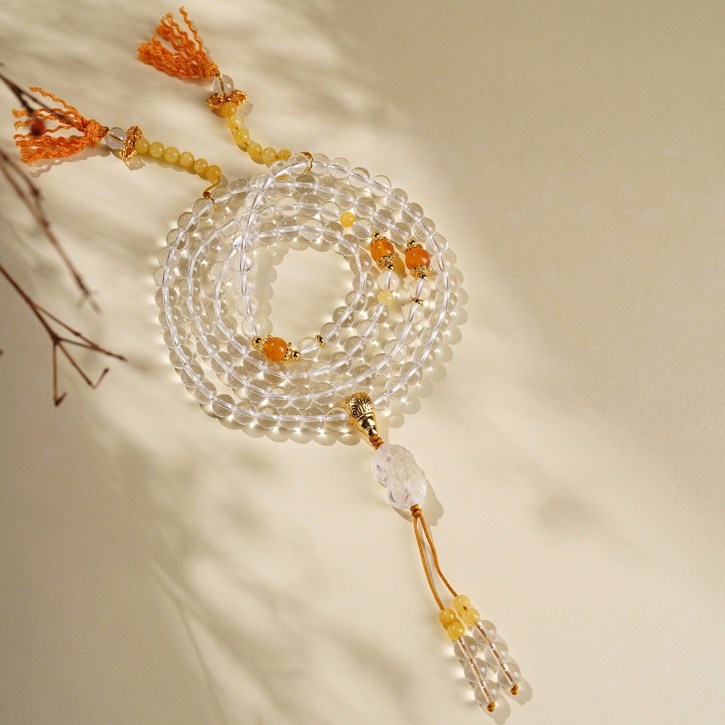 White Quartz Amber Pixiu Mala Bracelet