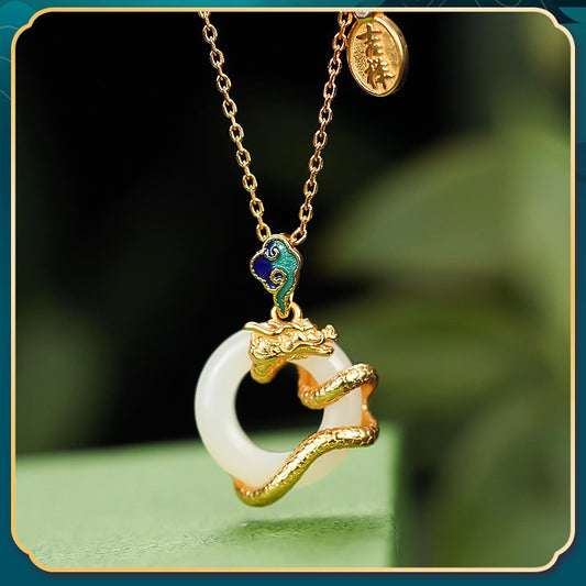 Year Of The Dragon 925 Sterling Silver Hetian White Jade Peace Buckle Auspicious Clouds Success Necklace Pendant - Fortune & Karma