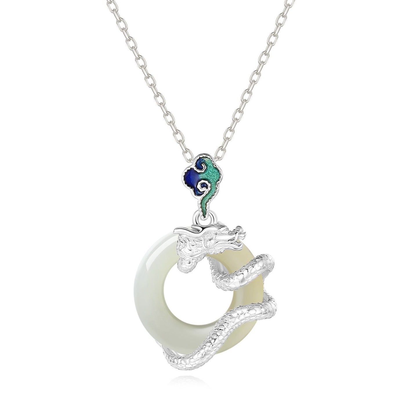 Year Of The Dragon 925 Sterling Silver Hetian White Jade Peace Buckle Auspicious Clouds Success Necklace Pendant - Fortune & Karma
