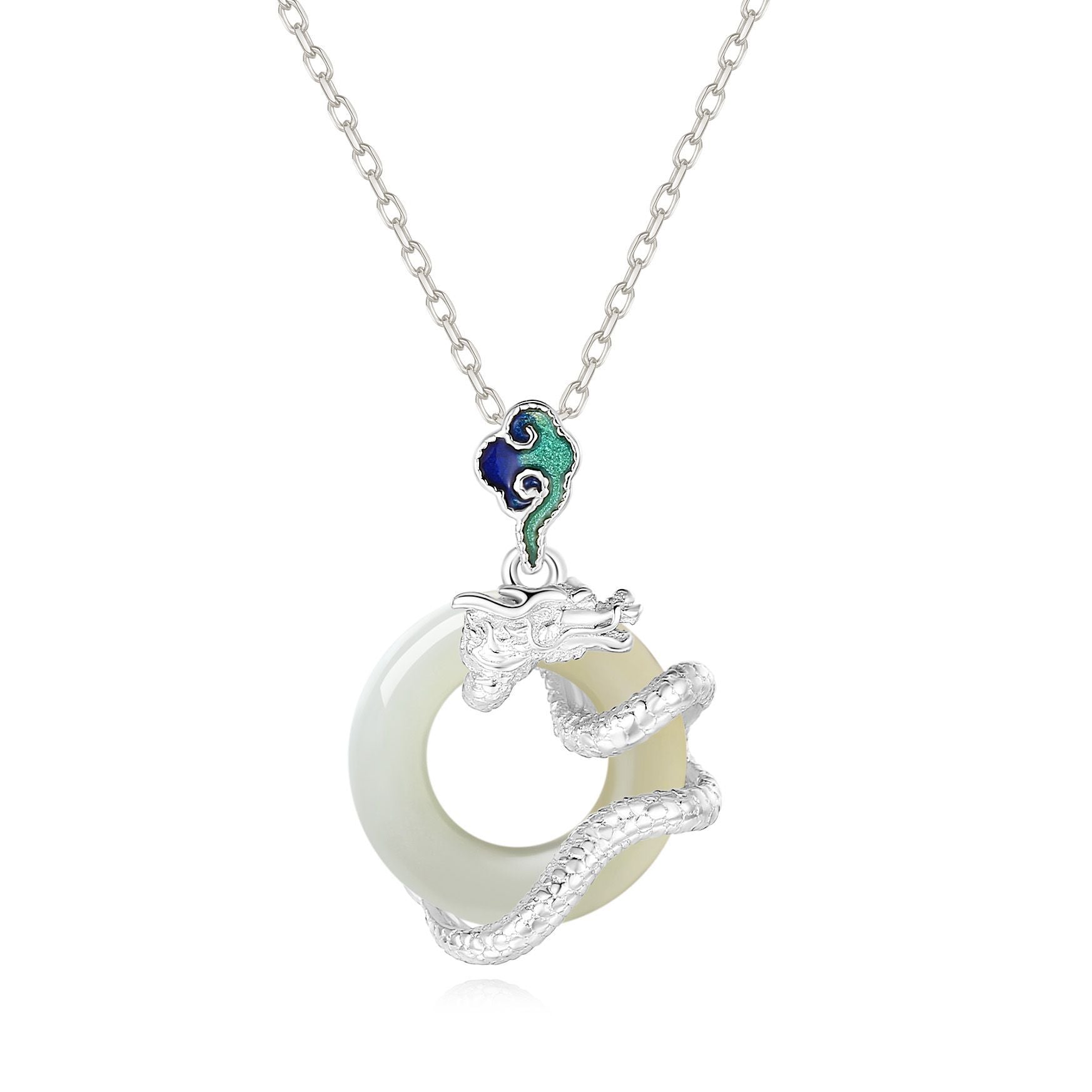 Year Of The Dragon 925 Sterling Silver Hetian White Jade Peace Buckle Auspicious Clouds Success Necklace Pendant - Fortune & Karma