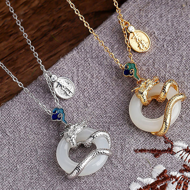 Year Of The Dragon 925 Sterling Silver Hetian White Jade Peace Buckle Auspicious Clouds Success Necklace Pendant - Fortune & Karma