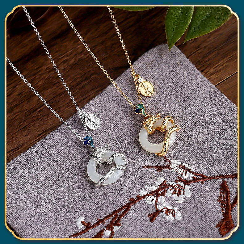 Year Of The Dragon 925 Sterling Silver Hetian White Jade Peace Buckle Auspicious Clouds Success Necklace Pendant - Fortune & Karma