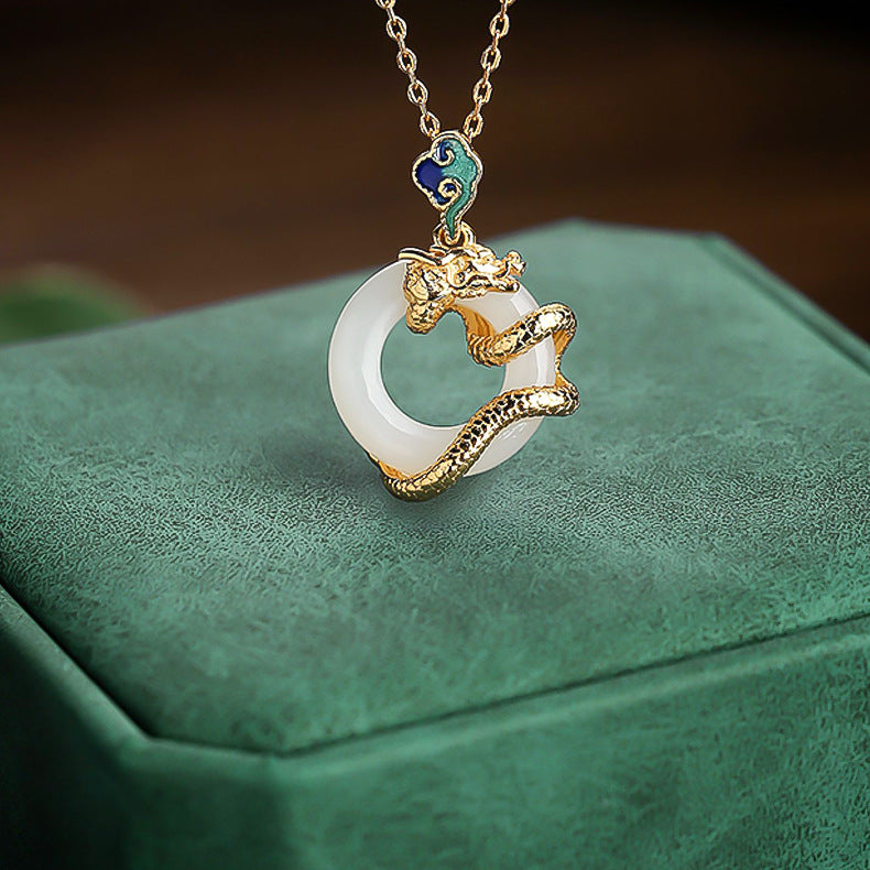 Year Of The Dragon 925 Sterling Silver Hetian White Jade Peace Buckle Auspicious Clouds Success Necklace Pendant - Fortune & Karma
