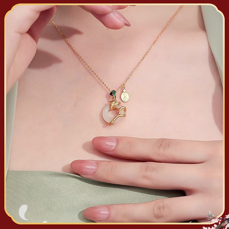 Year Of The Dragon 925 Sterling Silver Hetian White Jade Peace Buckle Auspicious Clouds Success Necklace Pendant - Fortune & Karma