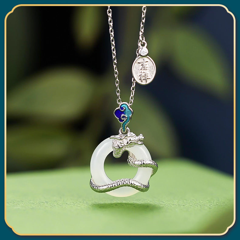 Year Of The Dragon 925 Sterling Silver Hetian White Jade Peace Buckle Auspicious Clouds Success Necklace Pendant - Fortune & Karma