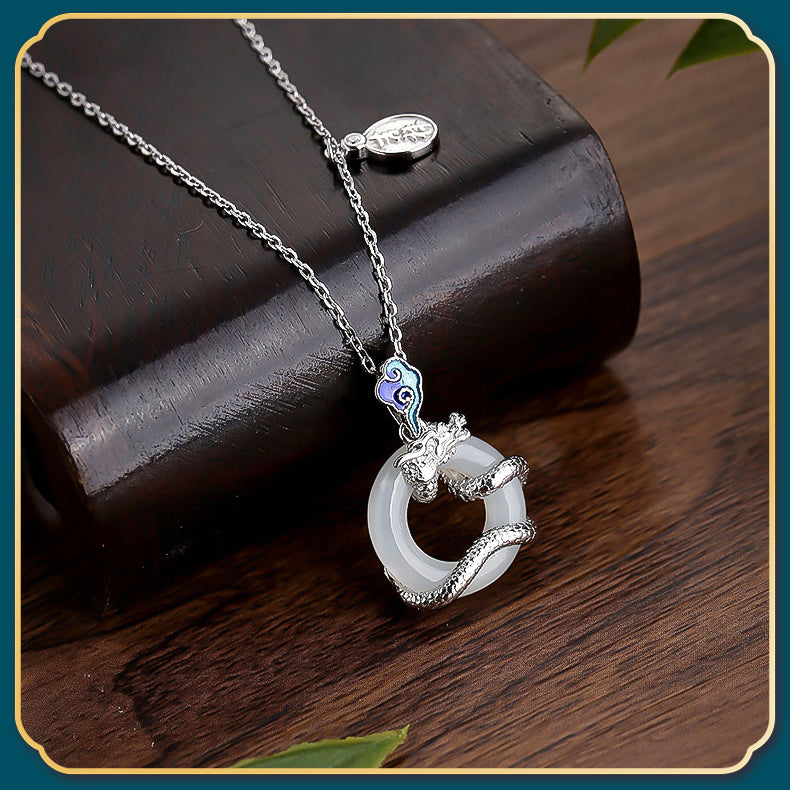 Year Of The Dragon 925 Sterling Silver Hetian White Jade Peace Buckle Auspicious Clouds Success Necklace Pendant - Fortune & Karma
