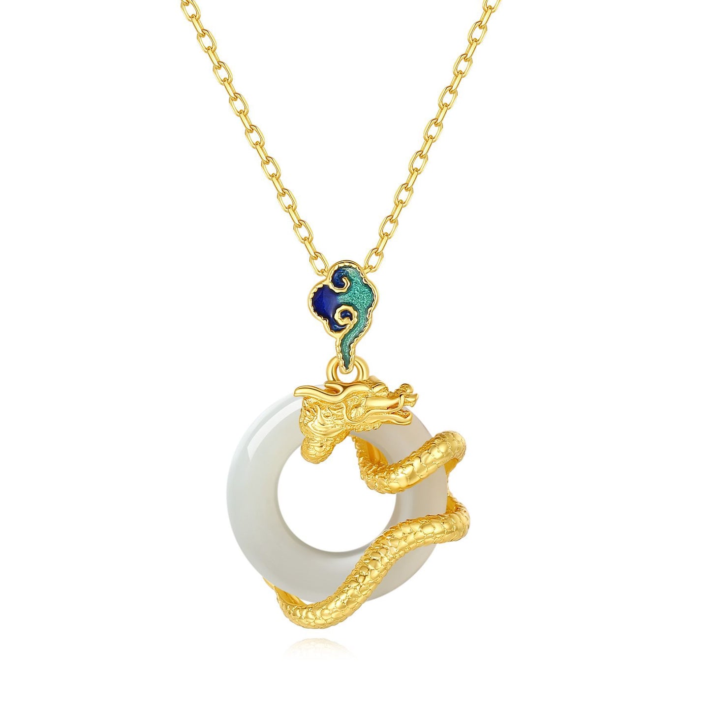 Year Of The Dragon 925 Sterling Silver Hetian White Jade Peace Buckle Auspicious Clouds Success Necklace Pendant - Fortune & Karma