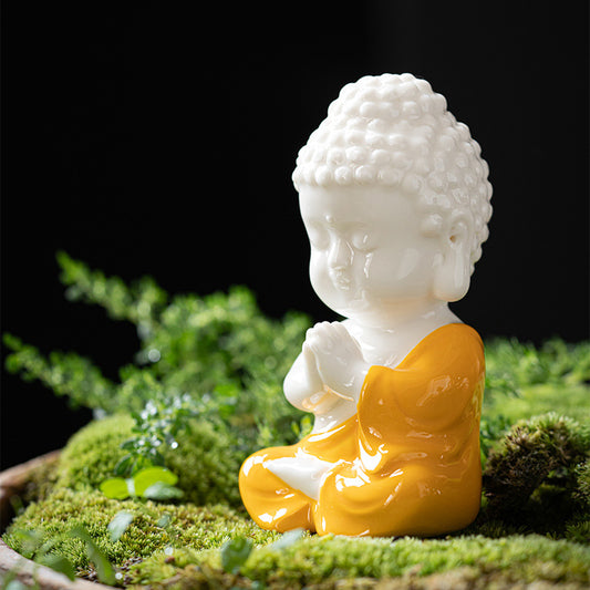 Fortune & Karma Zen Serenity Ceramic Red and Yellow Buddha Figurine Statue Ornament