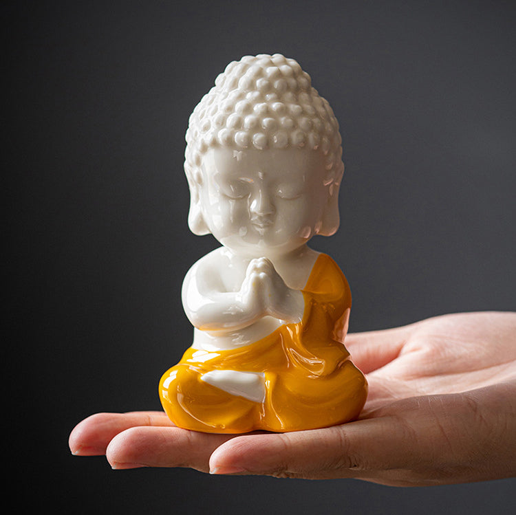 Fortune & Karma Zen Serenity Ceramic Red and Yellow Buddha Figurine Statue Ornament
