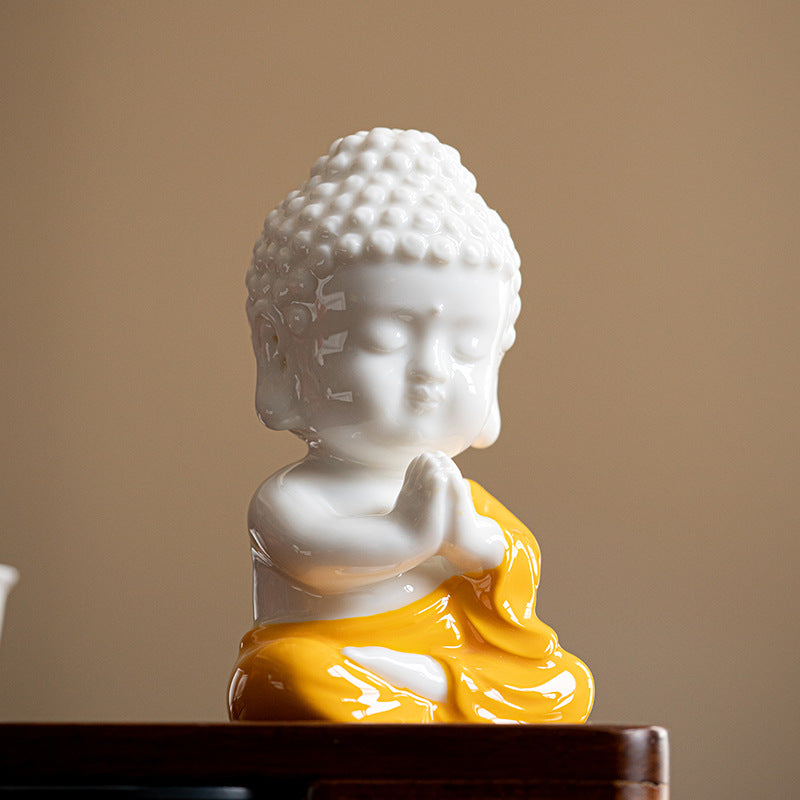Fortune & Karma Zen Serenity Ceramic Red and Yellow Buddha Figurine Statue Ornament