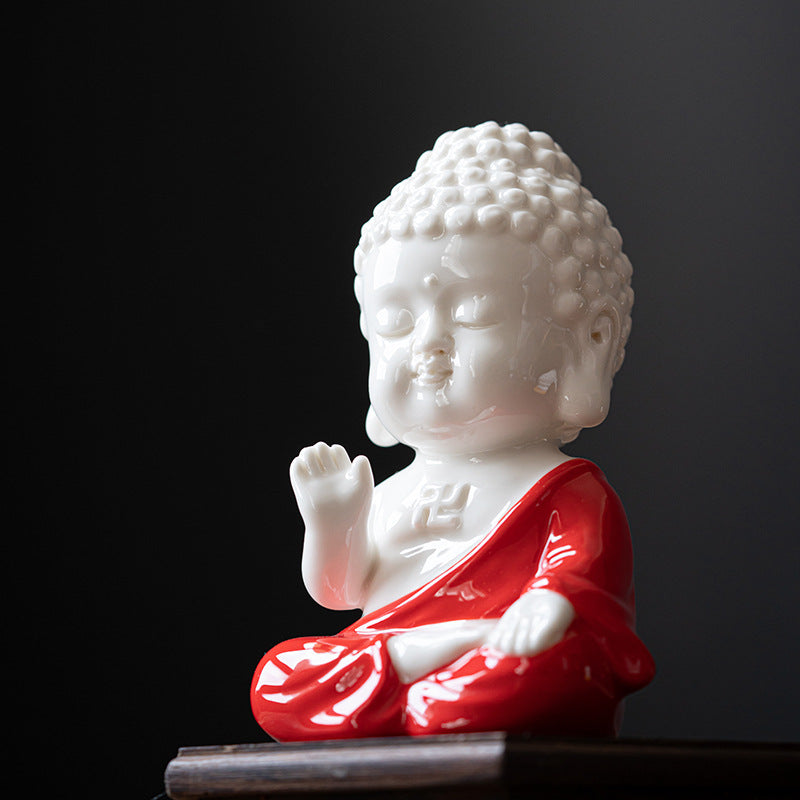 Fortune & Karma Zen Serenity Ceramic Red and Yellow Buddha Figurine Statue Ornament
