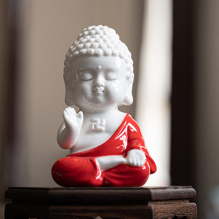 Fortune & Karma Zen Serenity Ceramic Red and Yellow Buddha Figurine Statue Ornament