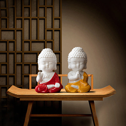 Fortune & Karma Zen Serenity Ceramic Red and Yellow Buddha Figurine Statue Ornament