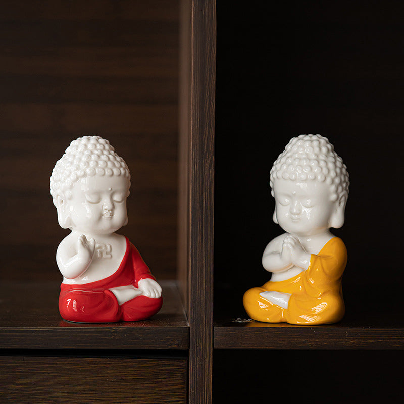 Fortune & Karma Zen Serenity Ceramic Red and Yellow Buddha Figurine Statue Ornament