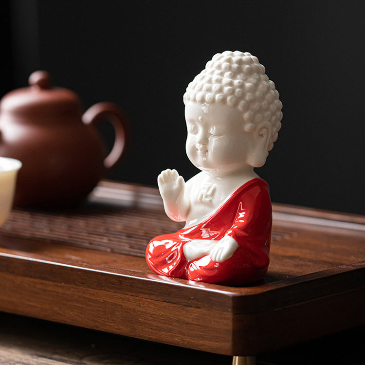 Fortune & Karma Zen Serenity Ceramic Red and Yellow Buddha Figurine Statue Ornament