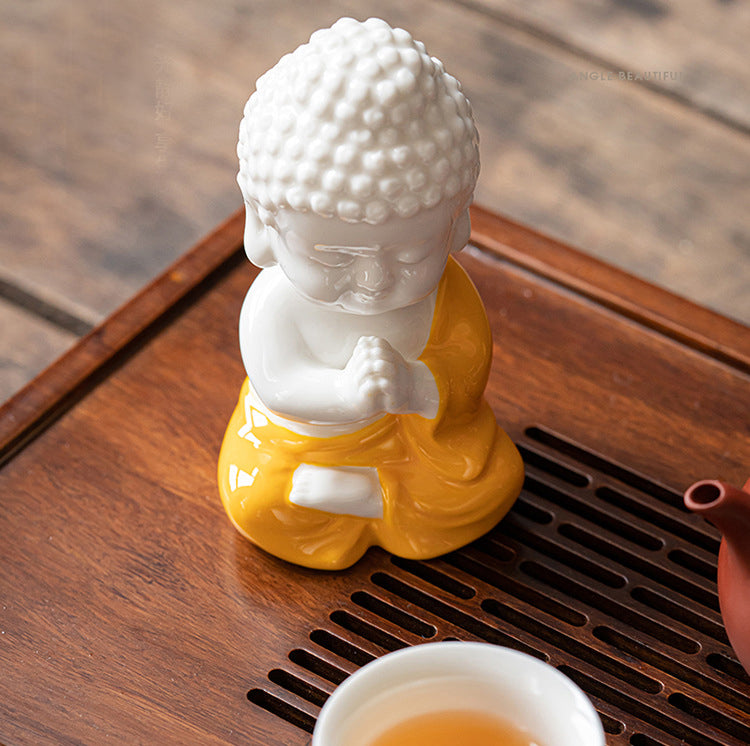 Fortune & Karma Zen Serenity Ceramic Red and Yellow Buddha Figurine Statue Ornament