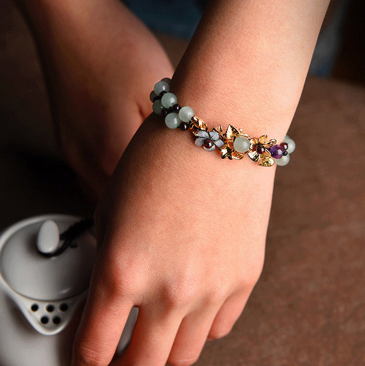 Green Aventurine Garnet Bead Flower Petal Luck Bracelet - Fortune & Karma