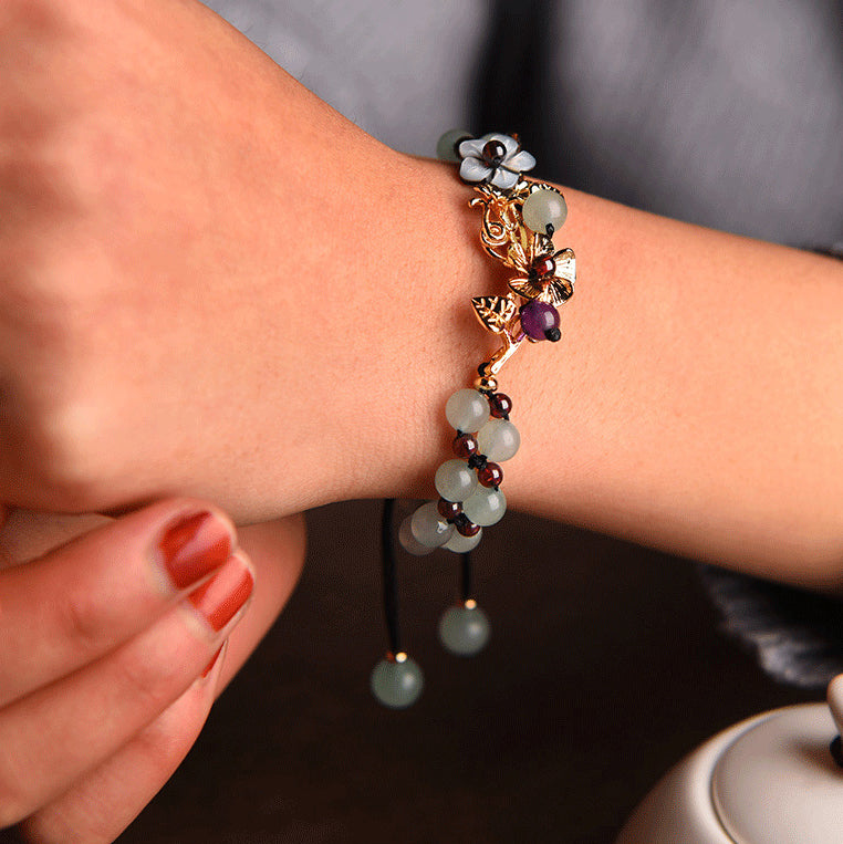Green Aventurine Garnet Bead Flower Petal Luck Bracelet - Fortune & Karma